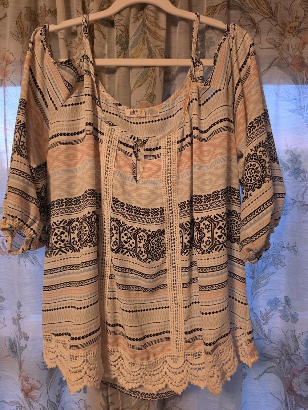 Jolt Peach and Navy Boho Off-Shoulder Peasant Top